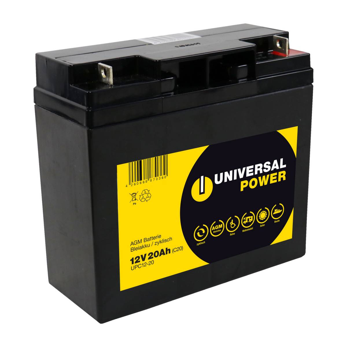 Universal Power AGM UPC12-20 12V 20Ah (C20) batteria AGM resistente al ciclo senza manutenzione