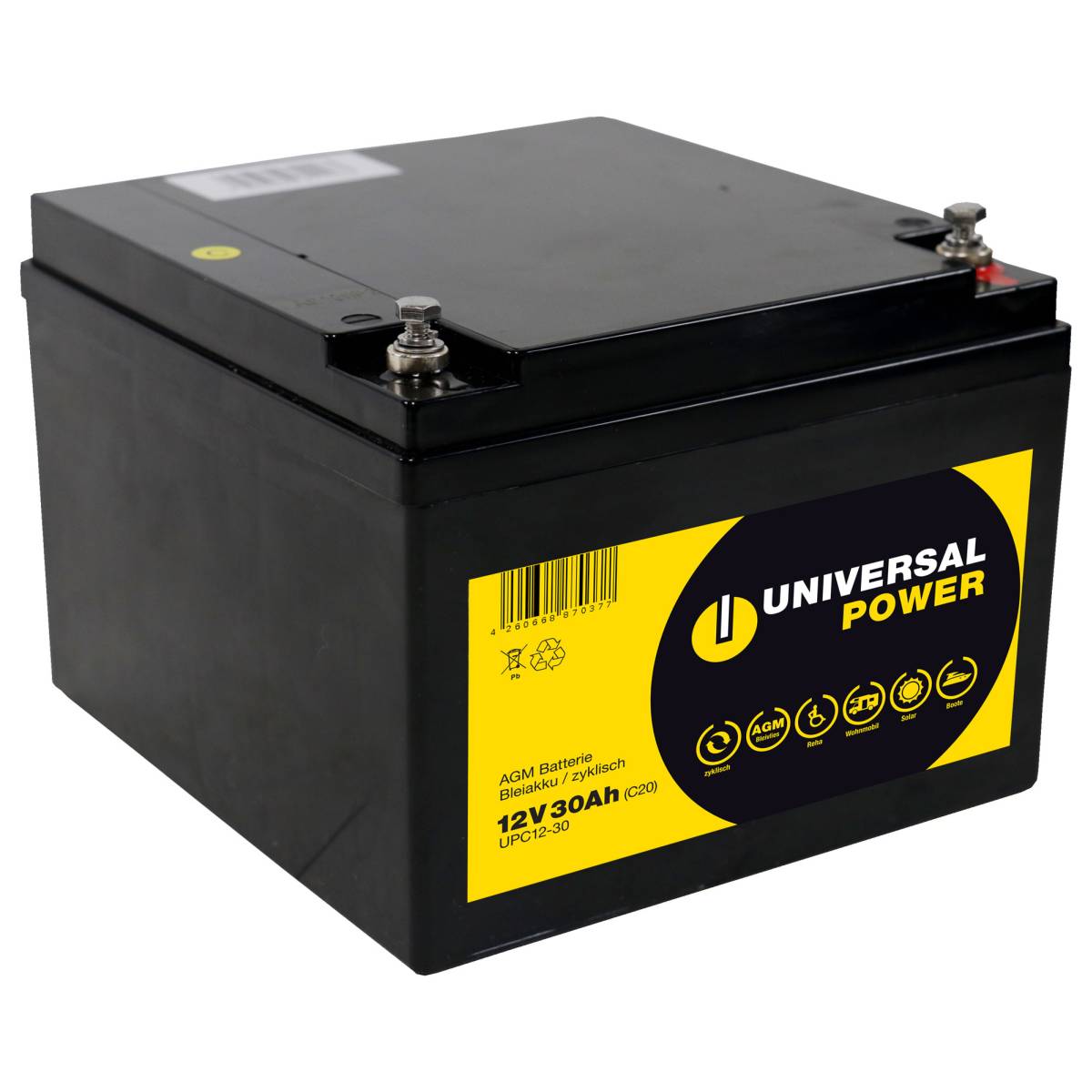Universal Power AGM UPC12-30 12V 30Ah (C20) batteria AGM resistente al ciclo senza manutenzione