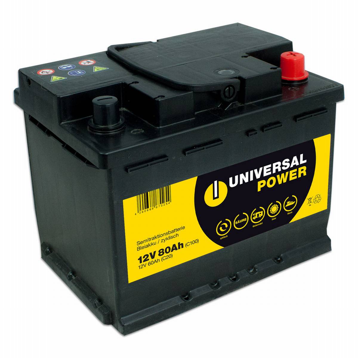 Universal Power Semitraction UPA12-80 12V 80Ah (C100) Batteria solare camper a prova di ciclo