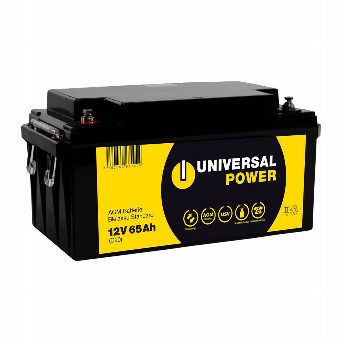 Universal Power AGM UPS12-65 12V 65Ah AGM Battery UPS senza manutenzione