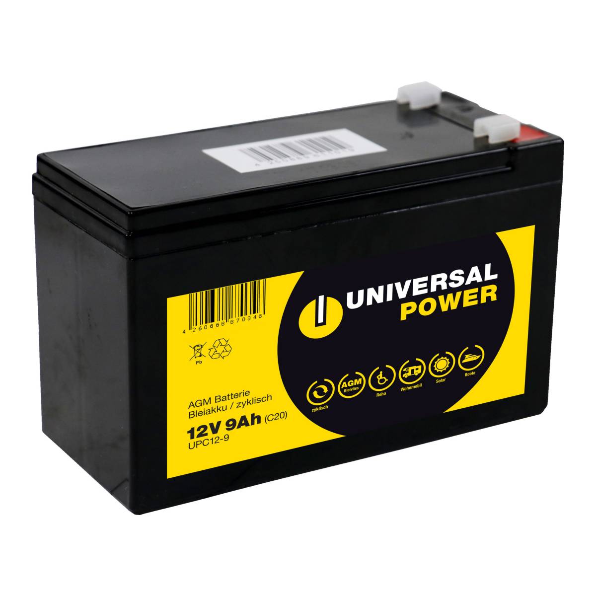 Universal Power AGM UPC12-9 12V 9Ah (C20) Batteria AGM resistente al ciclo senza manutenzione