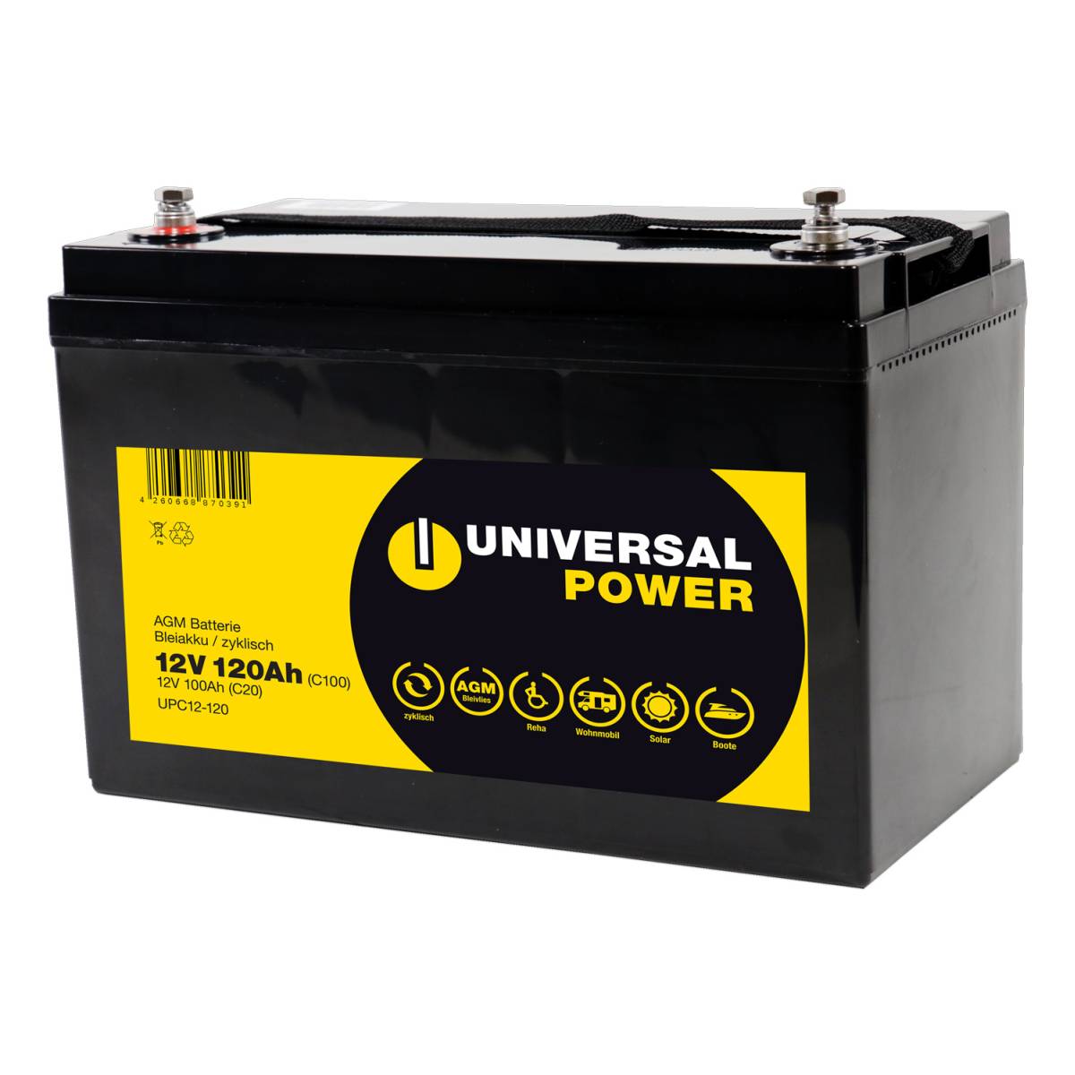 Universal Power AGM UPC12-120 12V 120Ah (C100) Batteria per camper senza manutenzione