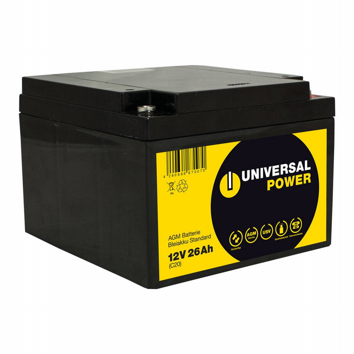 Universal Power AGM UPS12-26 12V 26Ah AGM Battery UPS senza manutenzione