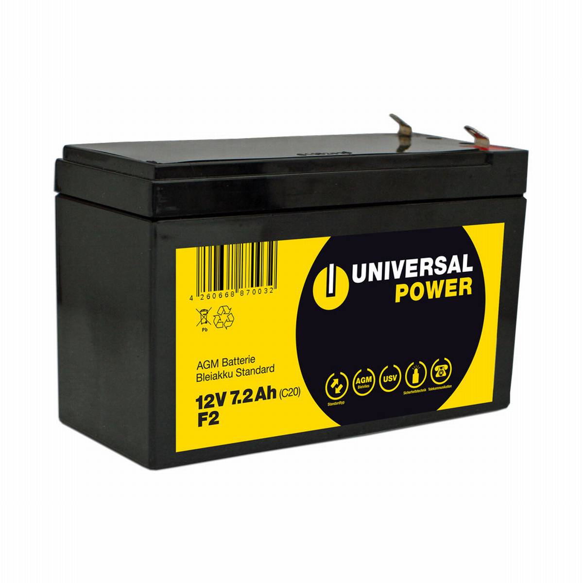 Universal Power AGM UPS12-7.2 F2 12V 7,2Ah AGM batteria UPS connessione senza manutenzione F2