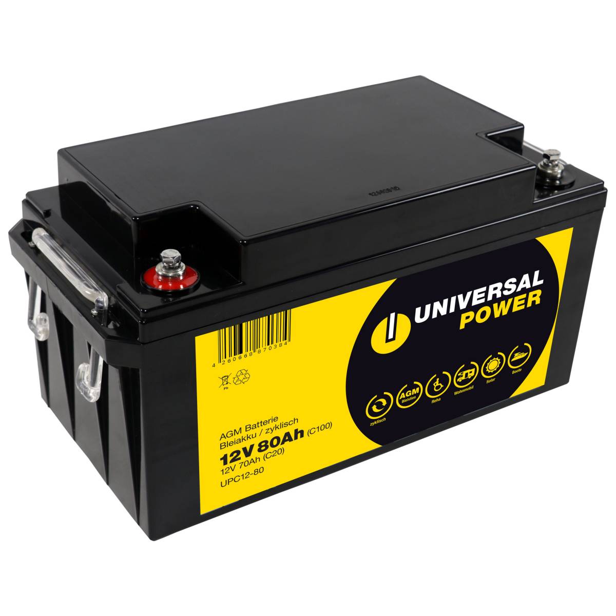 Universal Power UPC12-80 12V 80Ah (C100) batteria solare AGM per camper